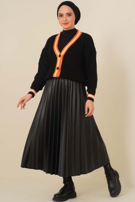 Renk Şeritli Örgü Hırka Siyah Oranj - Thumbnail