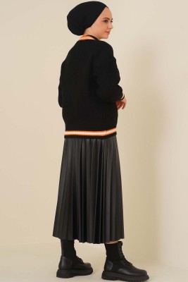 Renk Şeritli Örgü Hırka Siyah Oranj - Thumbnail