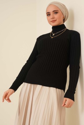 Yarım Boğazlı Fitilli Kazak Siyah - Thumbnail