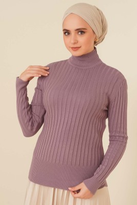 Yarım Boğazlı Fitilli Kazak Lila - Thumbnail