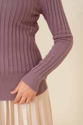 Yarım Boğazlı Fitilli Kazak Lila - Thumbnail