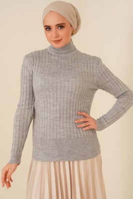 Yarım Boğazlı Fitilli Kazak Gri - Thumbnail