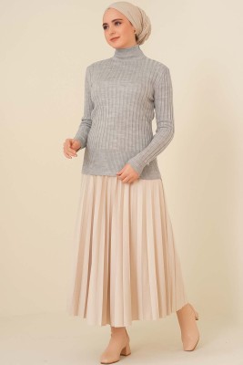 Yarım Boğazlı Fitilli Kazak Gri - Thumbnail