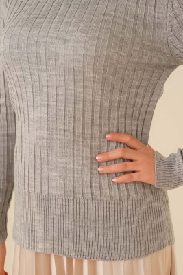 Yarım Boğazlı Fitilli Kazak Gri - Thumbnail