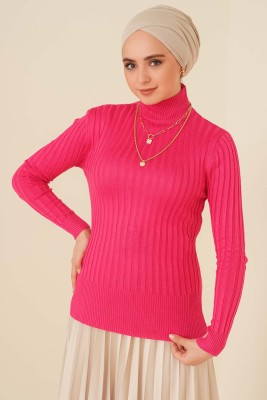 Yarım Boğazlı Fitilli Kazak Fuşya - Thumbnail