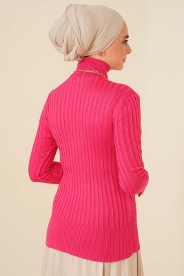 Yarım Boğazlı Fitilli Kazak Fuşya - Thumbnail