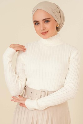 Yarım Boğazlı Fitilli Kazak Ekru - Thumbnail