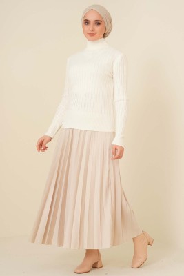 Yarım Boğazlı Fitilli Kazak Ekru - Thumbnail