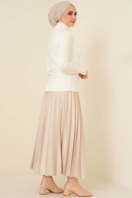 Yarım Boğazlı Fitilli Kazak Ekru - Thumbnail