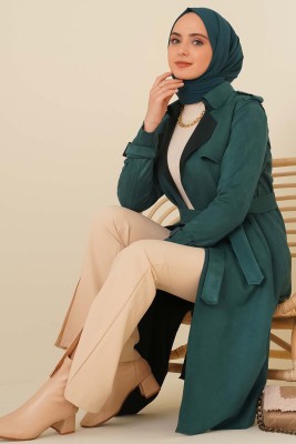 Pazarium - Kuşaklı Süet Trençkot Zümrüt Yeşili