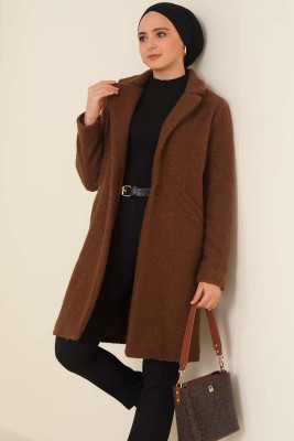 Önü Düğmeli Cepli Kahve Kaban - Thumbnail