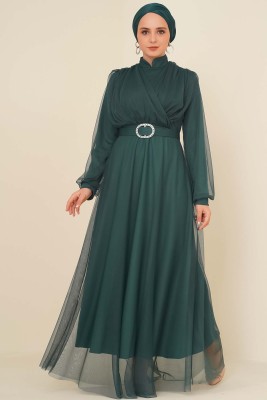 Kruvaze Tül Kemerli Elbise Zümrüt Yeşili - Thumbnail