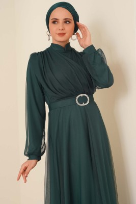 Kruvaze Tül Kemerli Elbise Zümrüt Yeşili - Thumbnail
