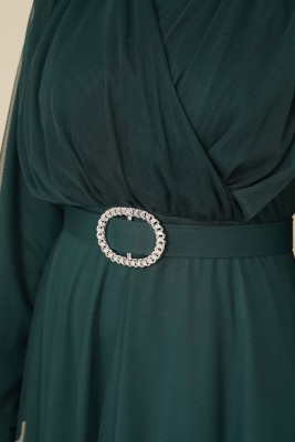 Kruvaze Tül Kemerli Elbise Zümrüt Yeşili - Thumbnail