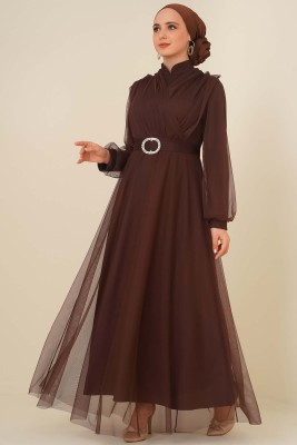 Kruvaze Tül Kemerli Elbise Kahve - Thumbnail