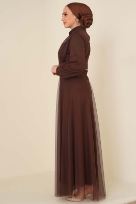 Kruvaze Tül Kemerli Elbise Kahve - Thumbnail