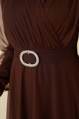 Kruvaze Tül Kemerli Elbise Kahve - Thumbnail