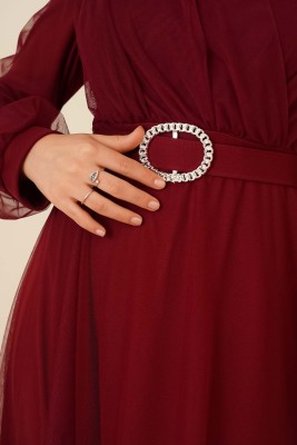 Kruvaze Tül Kemerli Elbise Bordo - Thumbnail