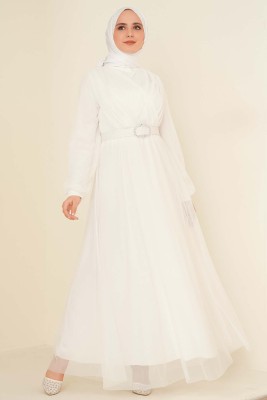 Kruvaze Tül Kemerli Elbise Beyaz - Thumbnail