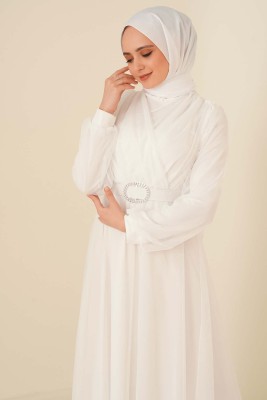 Kruvaze Tül Kemerli Elbise Beyaz - Thumbnail