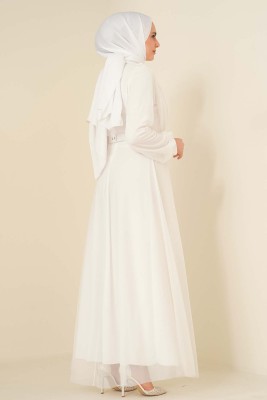 Kruvaze Tül Kemerli Elbise Beyaz - Thumbnail