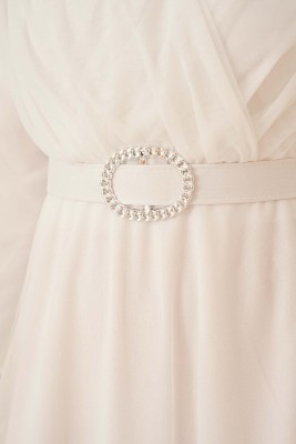 Kruvaze Tül Kemerli Elbise Beyaz - Thumbnail