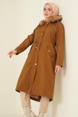 Beli Büzgülü Kürklü Mont Taba - Thumbnail