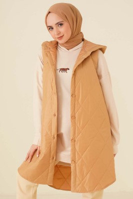 Kapitone Kapşonlu Yelek Camel - Thumbnail