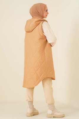 Kapitone Kapşonlu Yelek Camel - Thumbnail