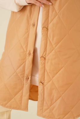 Kapitone Kapşonlu Yelek Camel - Thumbnail