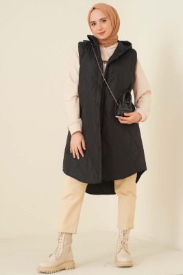 Kapitone Kapşonlu Yelek Siyah - Thumbnail