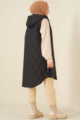 Kapitone Kapşonlu Yelek Siyah - Thumbnail