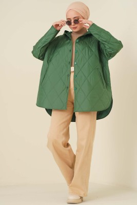 Kapşonlu Kapitone Mont Yeşil - Thumbnail