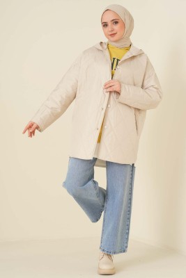 Kapşonlu Kapitone Mont Taş - Thumbnail