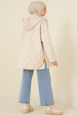 Kapşonlu Kapitone Mont Taş - Thumbnail