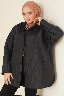 Kapşonlu Kapitone Mont Siyah - Thumbnail