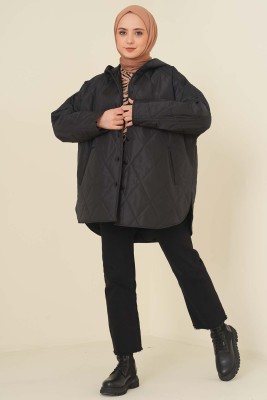 Kapşonlu Kapitone Mont Siyah - Thumbnail
