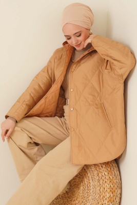 Kapşonlu Kapitone Mont Camel - Thumbnail