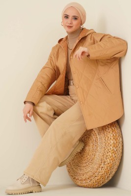 Kapşonlu Kapitone Mont Camel - Thumbnail