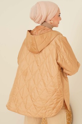 Kapşonlu Kapitone Mont Camel - Thumbnail