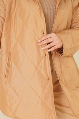 Kapşonlu Kapitone Mont Camel - Thumbnail