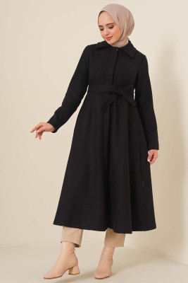 Kuşaklı Gizli Düğmeli Kaban Siyah - Thumbnail