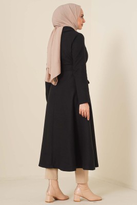 Kuşaklı Gizli Düğmeli Kaban Siyah - Thumbnail