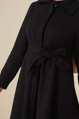 Kuşaklı Gizli Düğmeli Kaban Siyah - Thumbnail