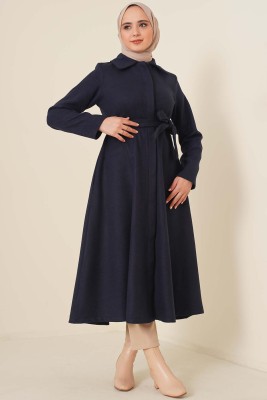 Kuşaklı Gizli Düğmeli Kaban Lacivert - Thumbnail