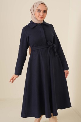 Kuşaklı Gizli Düğmeli Kaban Lacivert - Thumbnail