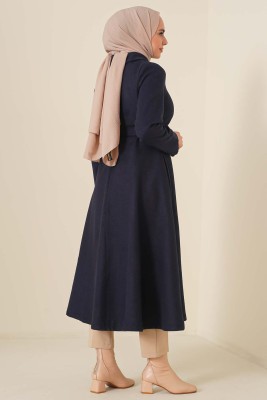 Kuşaklı Gizli Düğmeli Kaban Lacivert - Thumbnail