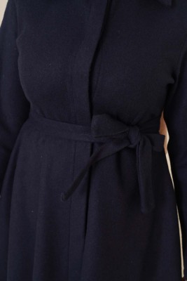 Kuşaklı Gizli Düğmeli Kaban Lacivert - Thumbnail