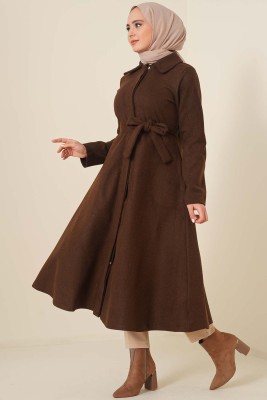 Kuşaklı Gizli Düğmeli Kaban Kahve - Thumbnail