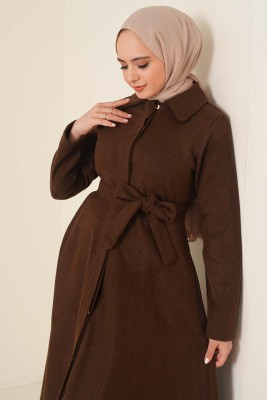 Kuşaklı Gizli Düğmeli Kaban Kahve - Thumbnail